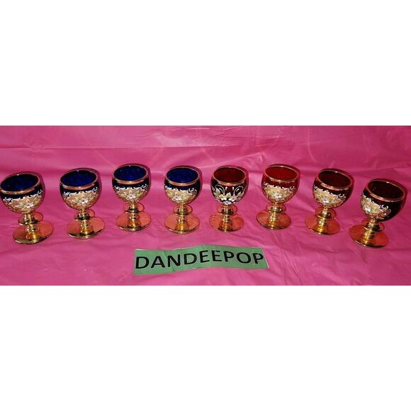 8 Piece Blue Red Gold Enamel Floral Embellished Brandy Snifters Cordial Glasses - Picture 1 of 12